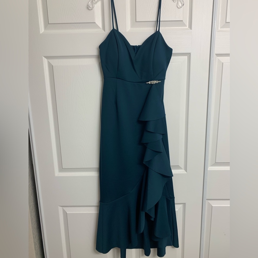 Alexa B Nites midi Formal Spaghetti Strap Ruffle Front Dress Size 4‎ Color Jade